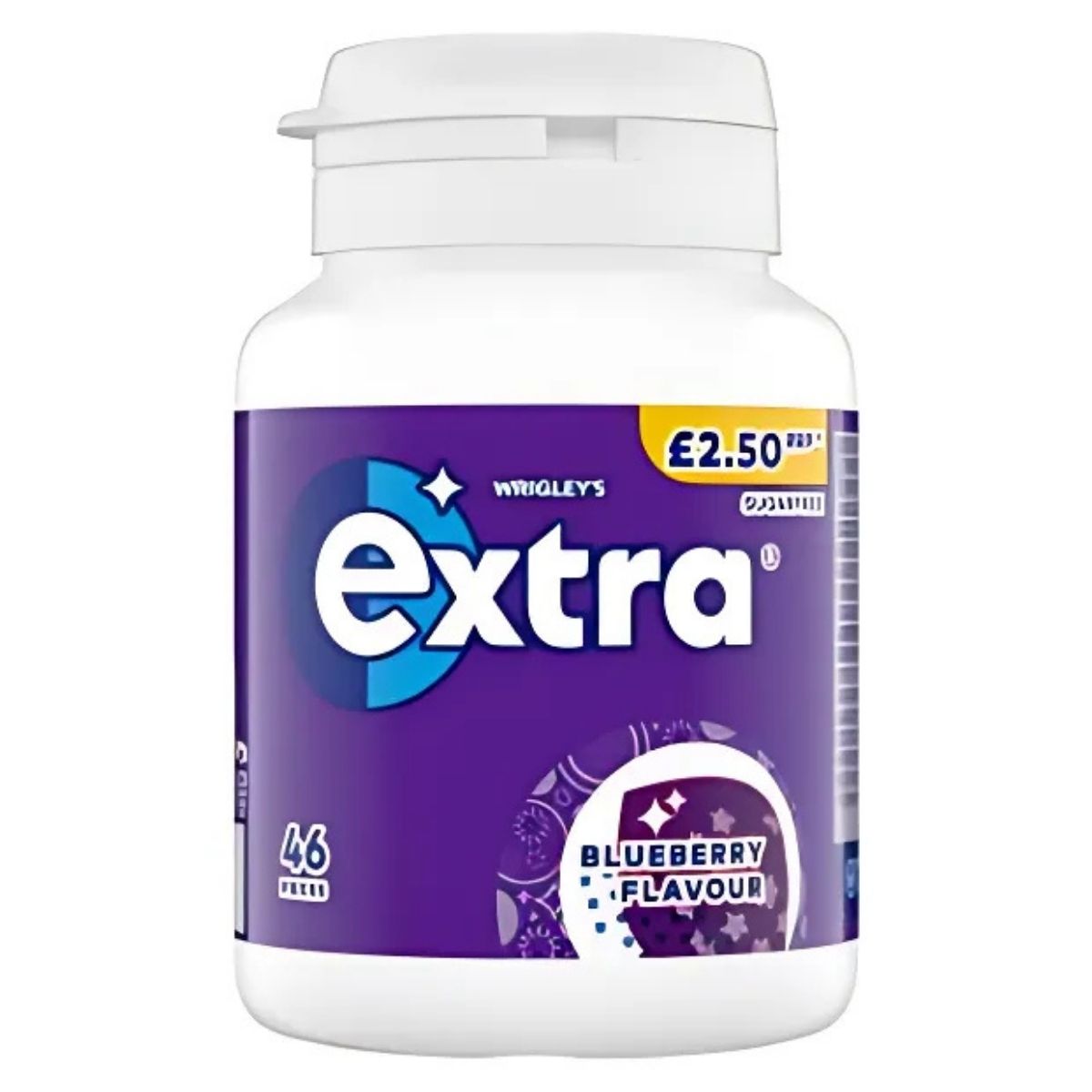 A £2.50 bottle of Wrigley's Extra Blueberry Flavor Sugar-Free Chewing Gum contains 46 pieces and comes in eye-catching purple and white packaging, promoting oral health and suitability for vegetarians.