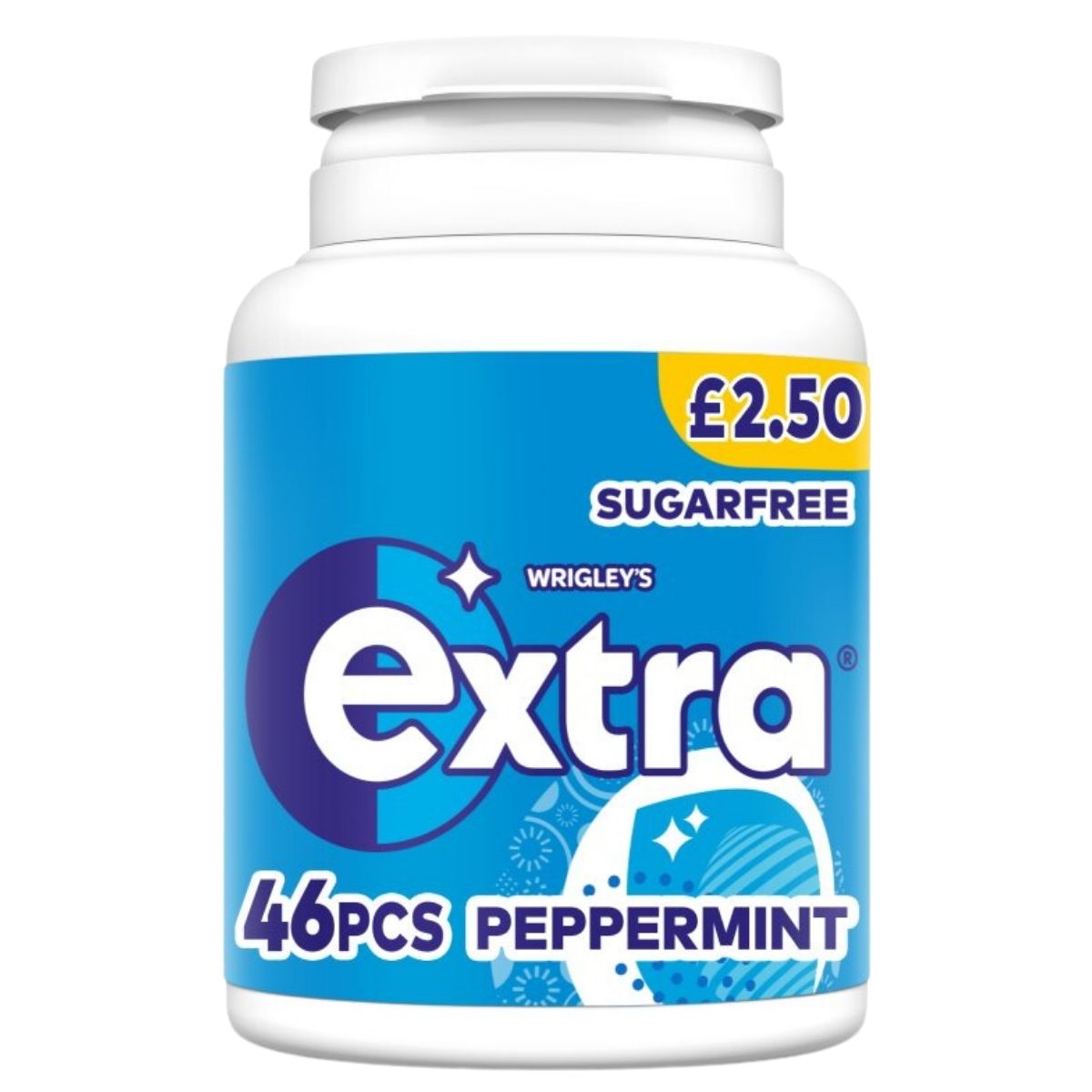 A bottle of Wrigleys Extra Peppermint Sugarfree Chewing Gum, containing 46 pieces and priced at £2.50, is ideal for vegetarians and promotes oral health with every chew.