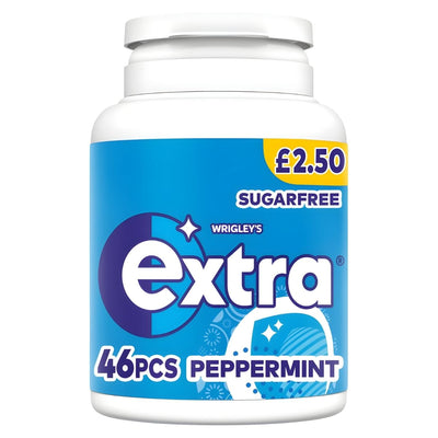 A 64g bottle of Wrigleys Extra Peppermint Sugarfree Chewing Gum contains 46 pieces, ideal for freshening your breath on the go.