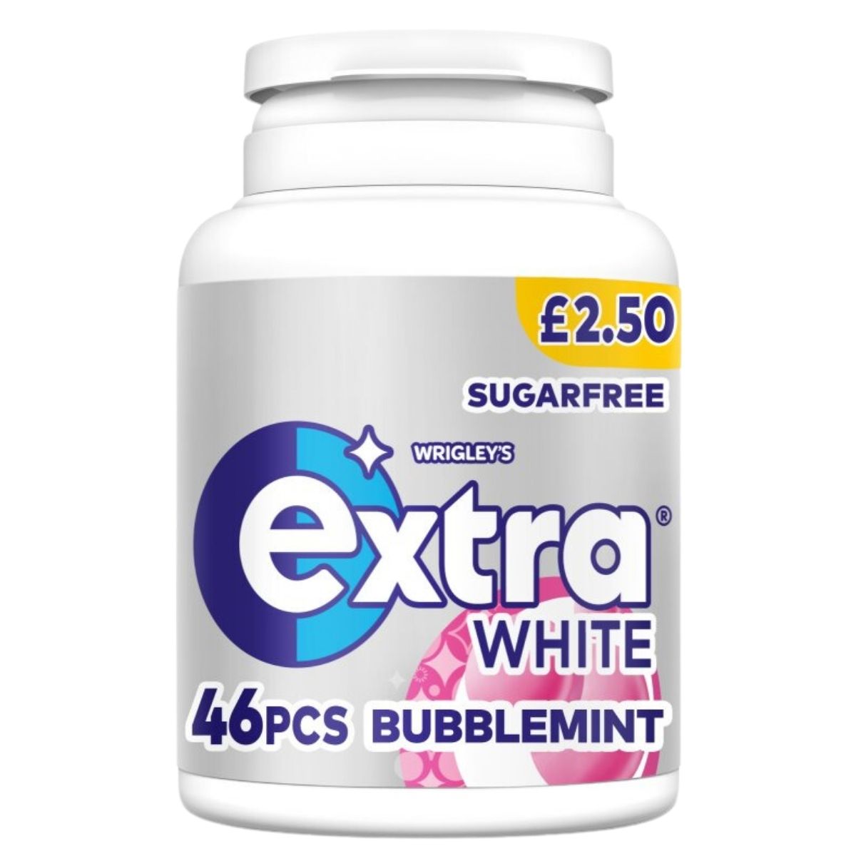 The Wrigleys Extra White Bubblemint Sugarfree Chewing Gum Bottle contains 46 pieces, weighing 64g, and is available for just £2.50. This gum is designed to promote oral health by providing a refreshing way to clean teeth and help remove stains.