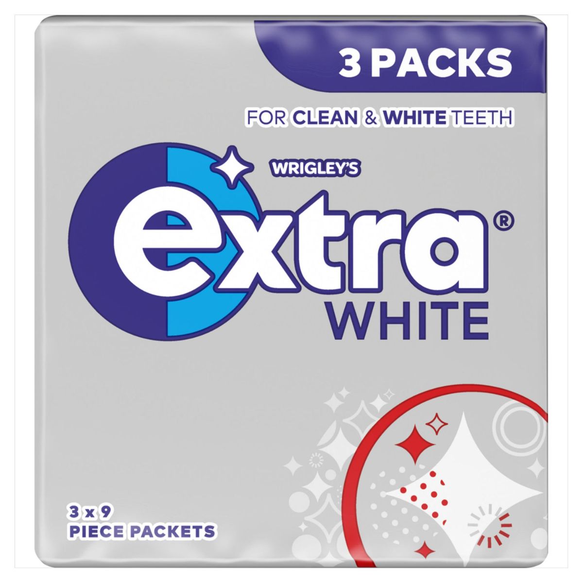 Packaging for "Wrigleys Extra White Gum - 3 Pack" showcases its aim for clean and white teeth, featuring circular graphics and product details in blue and white.