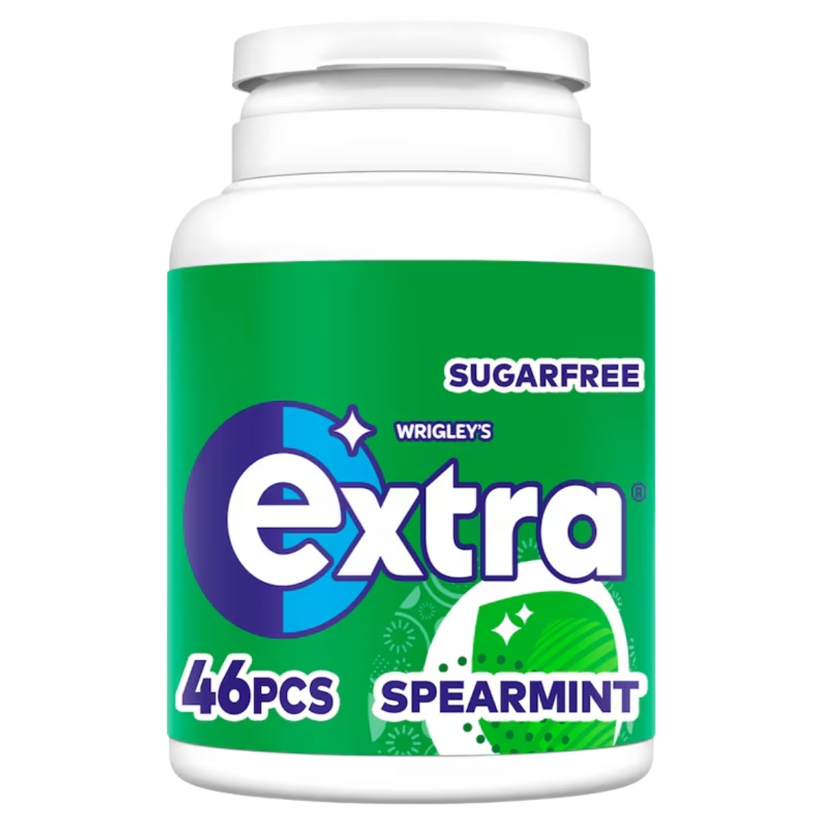 A white plastic bottle of Wrigley's Extra Sugarfree Spearmint gum pieces, containing 46 pieces, with a green and blue label.