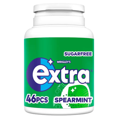 A white plastic bottle of Wrigley's Extra Sugarfree Spearmint gum pieces, containing 46 pieces, with a green and blue label.