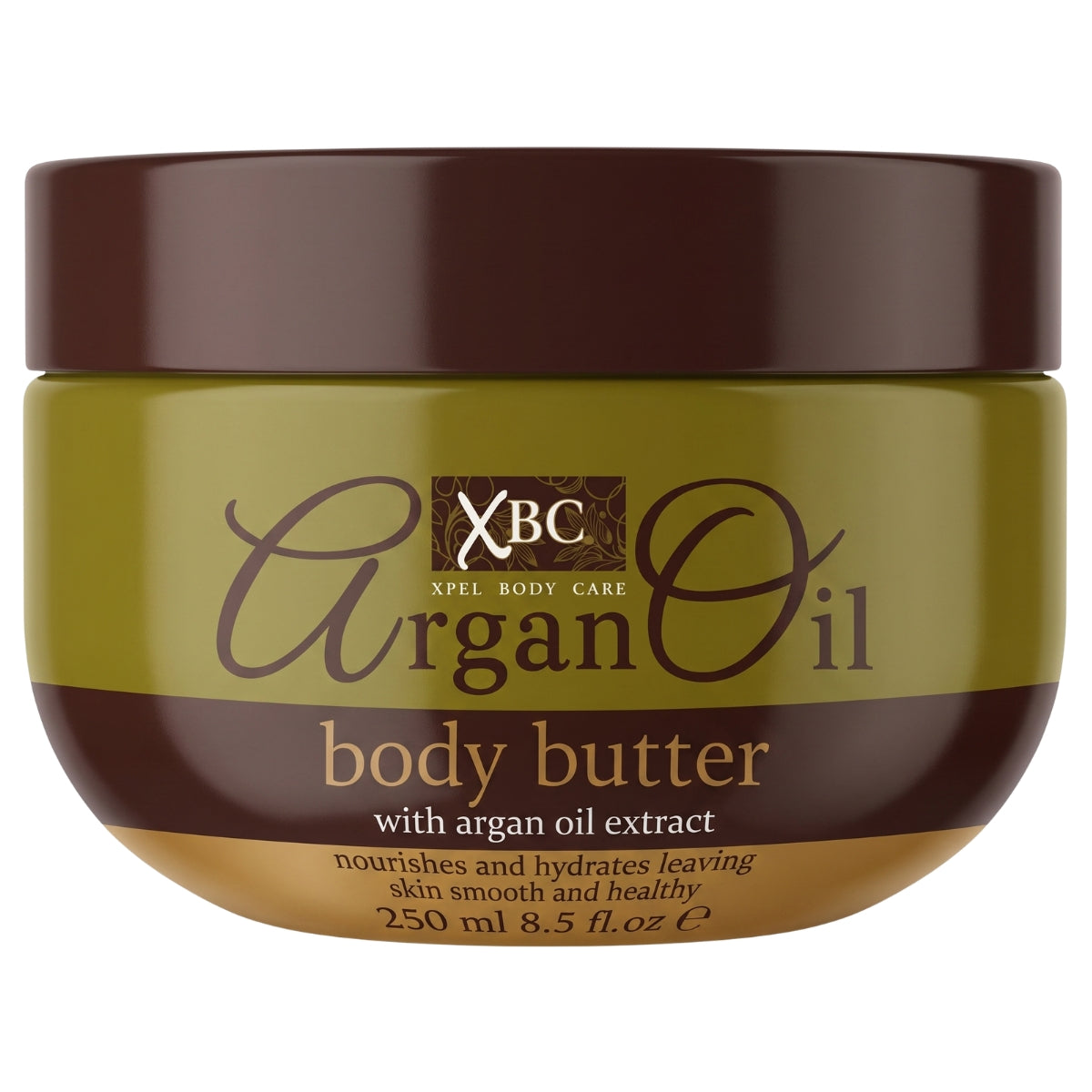 XBC Argan Oil Body Butter jar with an olive green body, dark brown lid, and brown label accents, on a white background.