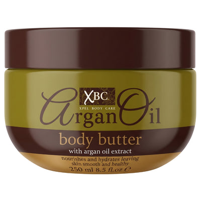 XBC Argan Oil Body Butter jar with an olive green body, dark brown lid, and brown label accents, on a white background.