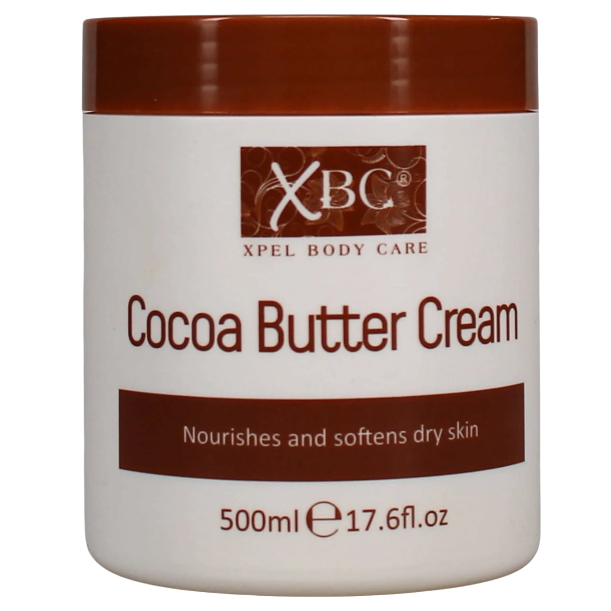 A 500ml container of XBC Cocoa Butter Cream by XBC, featuring a brown lid and labeled to nourish and soften dry skin.