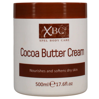 A 500ml container of XBC Cocoa Butter Cream by XBC, featuring a brown lid and labeled to nourish and soften dry skin.