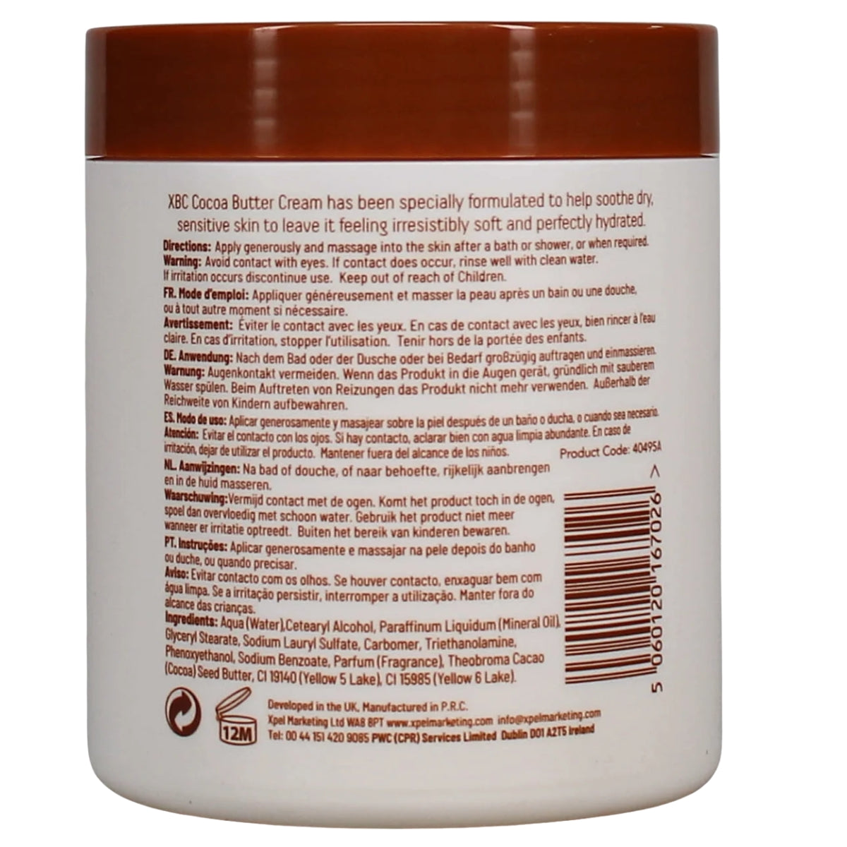 Back side of a white jar of XBC Cocoa Butter Cream with a brown screw-on lid, showing detailed product instructions and ingredients in red and black text.