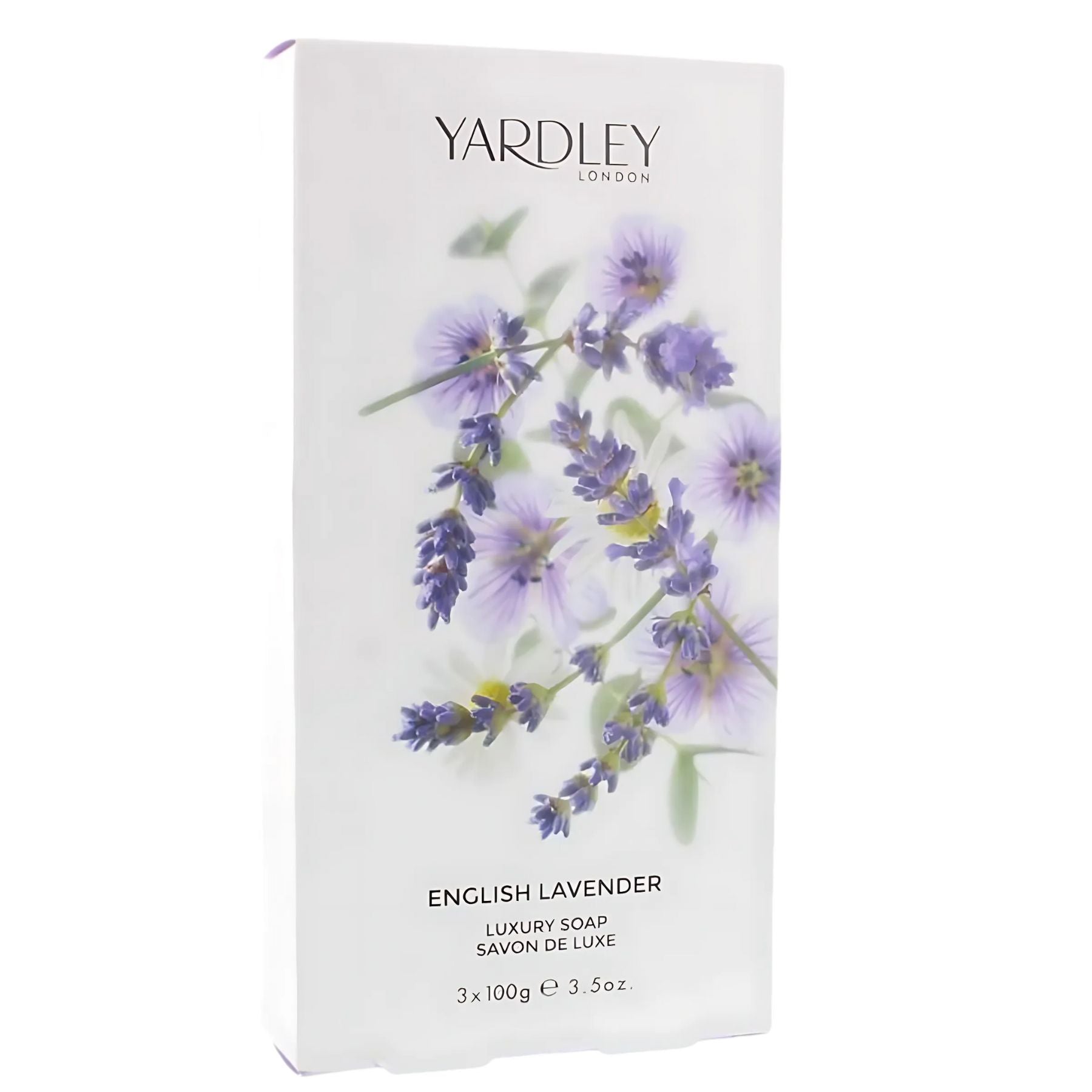 A box of Yardley Of London Ladies English Lavender Soap includes 3 luxury 100g bars, each infused with soothing lavender fragrance and featuring a floral design.