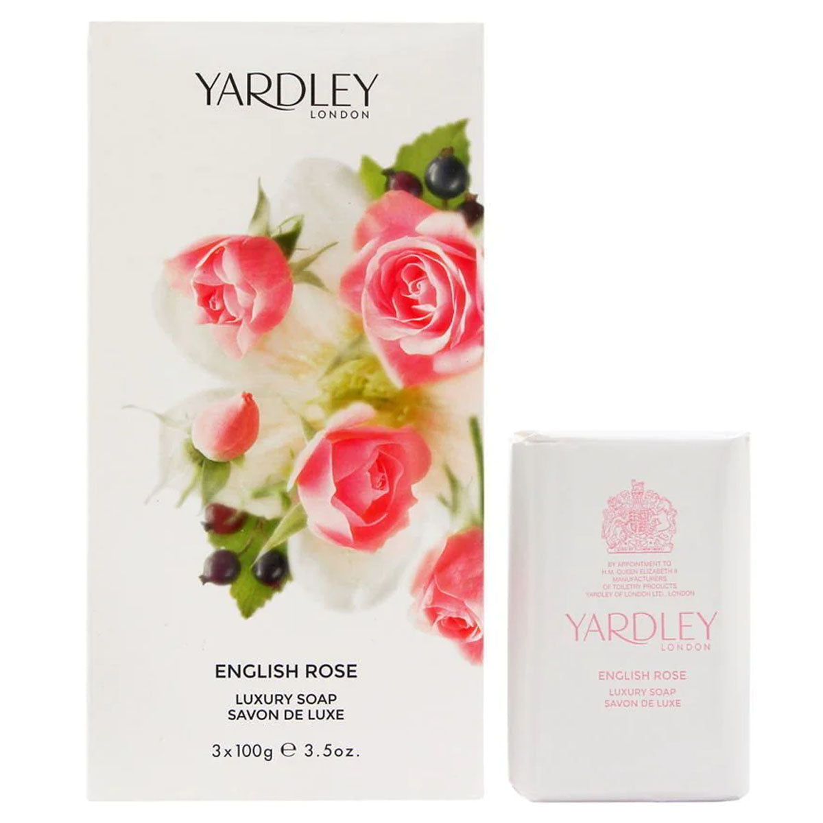 The Yardley Of London - Ladies English Rose Soap, 3x100g set includes a beautifully designed box that features pink roses and white flowers, along with soap bars that display the brand name and product details in elegant pink text.