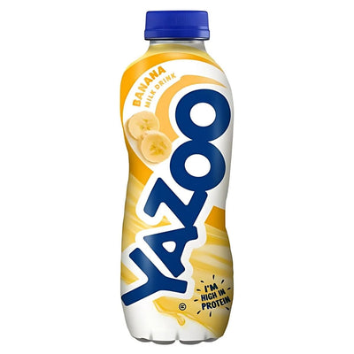 Yazoo - Banana Milk Drink - 400ml features a blue cap and banana images on the label, highlighting its high protein content—perfect for banana lovers seeking a tasty, convenient drink on the go.