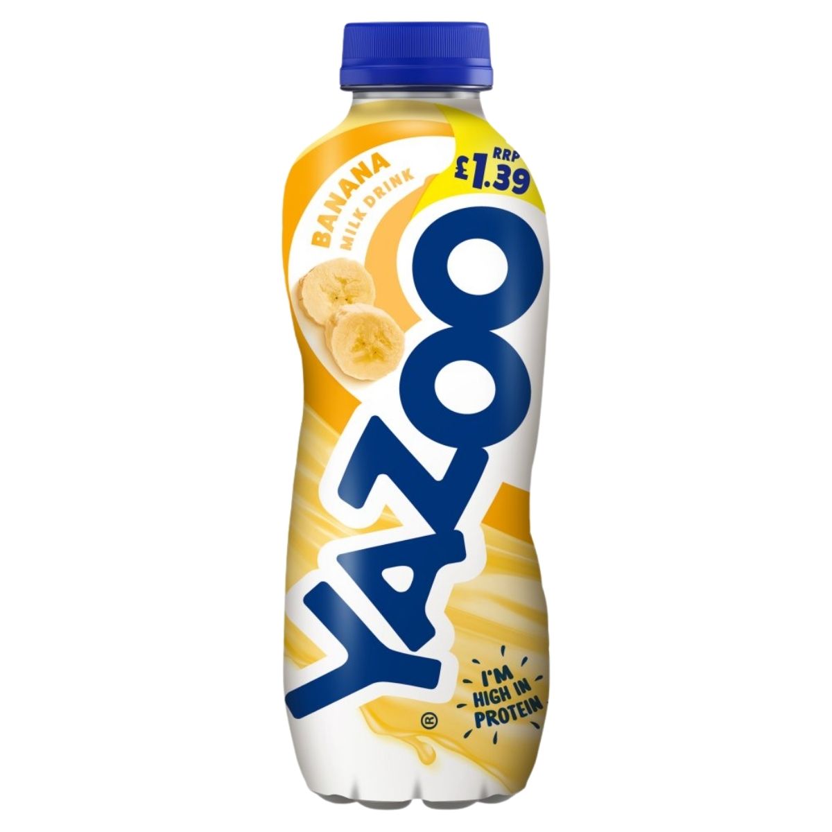 A 400ml Yazoo Banana Milk Drink with a blue cap, banana slices on the label, "I'm high in protein" text, and a £1.39 price tag.