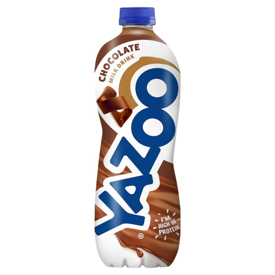 A 1L bottle of Yazoo Chocolate Milk Drink by Yazoo, with a blue cap and label, features chocolate splashes and the text "I'm high in protein" on the front.