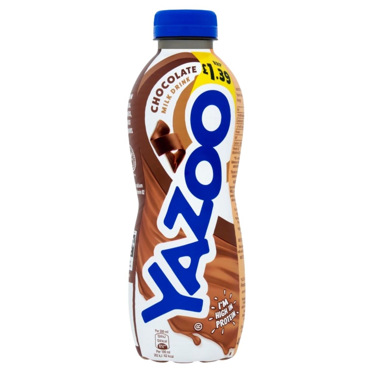 A 400ml bottle of Yazoo Chocolate Milk Drink with a blue cap, featuring a “high in protein” label and a yellow £1.39 price sticker.