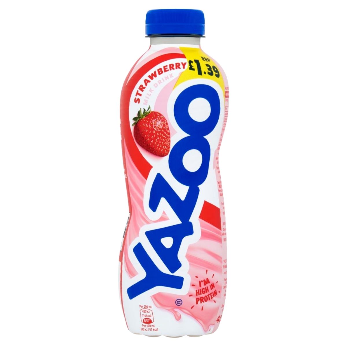 A 400ml Yazoo Strawberry Milk Drink with a blue cap, bold Yazoo branding, a vivid strawberry image, and a £1.39 price label on the neck.