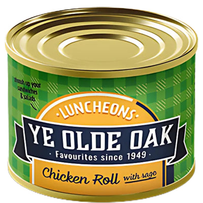 A 200g tin of Ye Olde Oak Chicken Roll with sage Luncheons, featuring a green and yellow label.