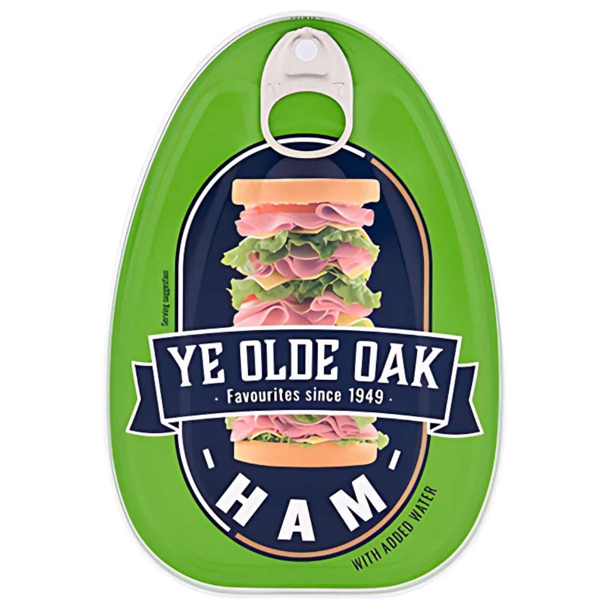 Tin of Ye Olde Oak Ham - 325g, showcasing a tender and succulent texture with an illustrated sandwich on a green and blue label. It proudly features the phrases "Favourites since 1949" and "Ham with added water," ensuring high-quality ingredients in every bite.