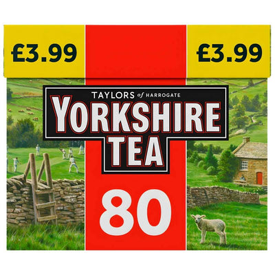 Yorkshire Tea - 80 Teabags (250g) box features a countryside scene and displays a £3.99 price tag on the top corners.