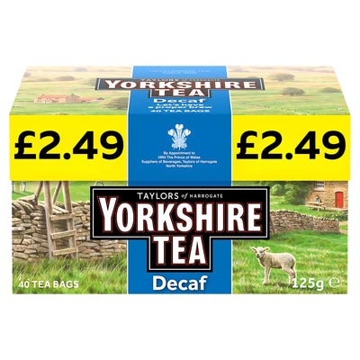 Yorkshire Tea - Decaf 40 Bags (125g) for £2.49. Enjoy 40 decaffeinated black tea bags in packaging with countryside and sheep imagery—ideal for decaf tea lovers.