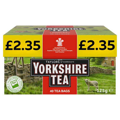 Yorkshire Tea - Pack of 40 Black Tea Bags (125g) by Yorkshire Tea, priced at £2.35 with a yellow price label and a sheep in scenic countryside on the box.