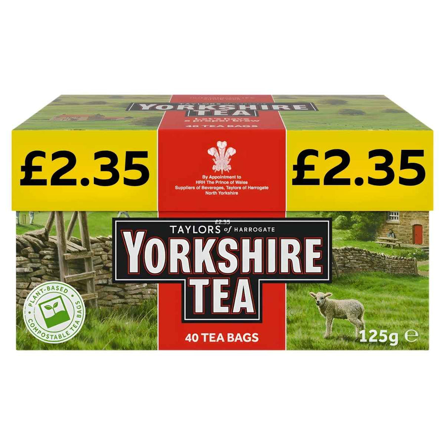 Yorkshire Tea - Pack of 40 Black Tea Bags (125g) by Yorkshire Tea, priced at £2.35 with a yellow price label and a sheep in scenic countryside on the box.