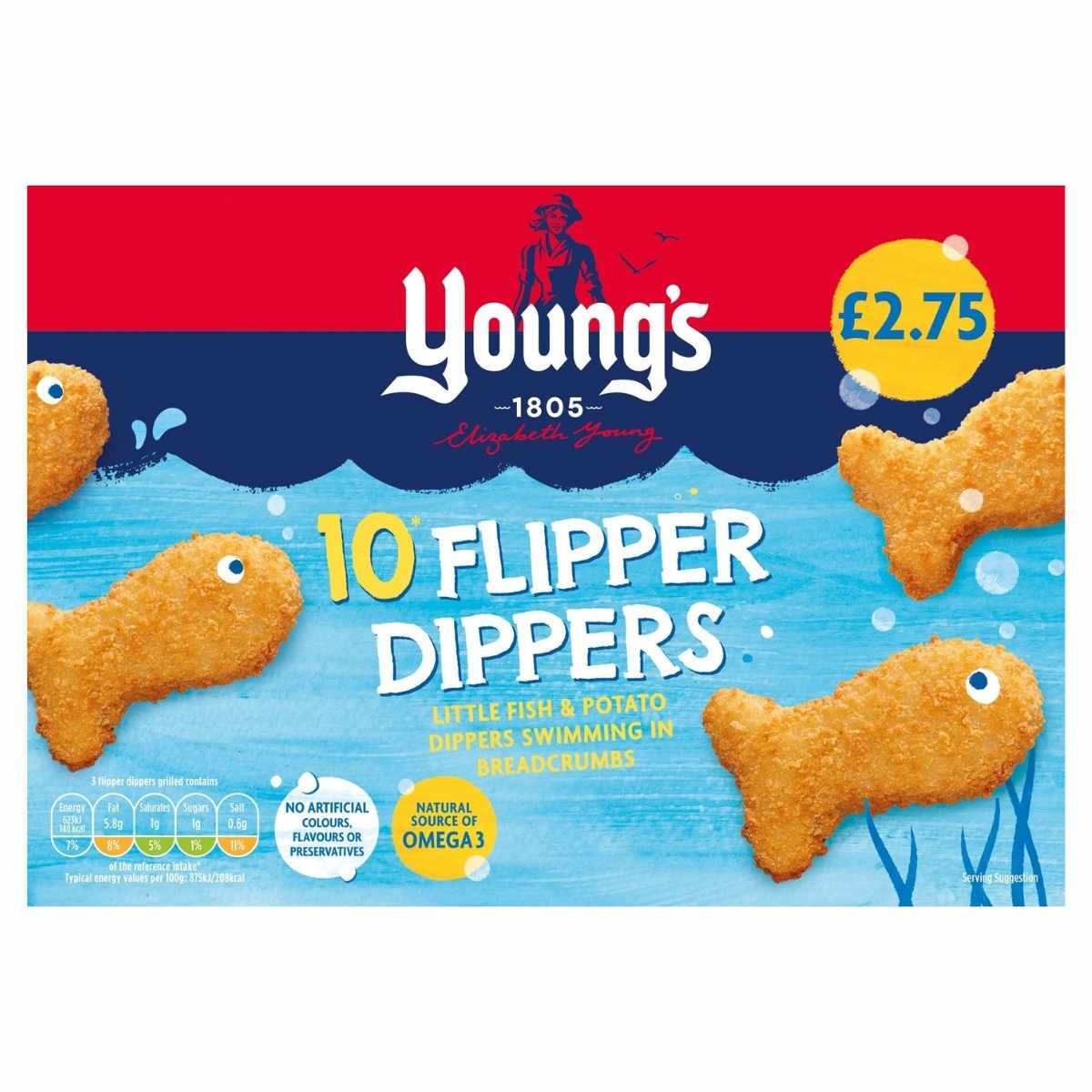 Box of Young's 10 Flipper Dippers (250g), breadcrumb-coated fish and potato shapes, perfect for quick family meals, displayed on a blue background with a £2.75 price label in the top right corner.