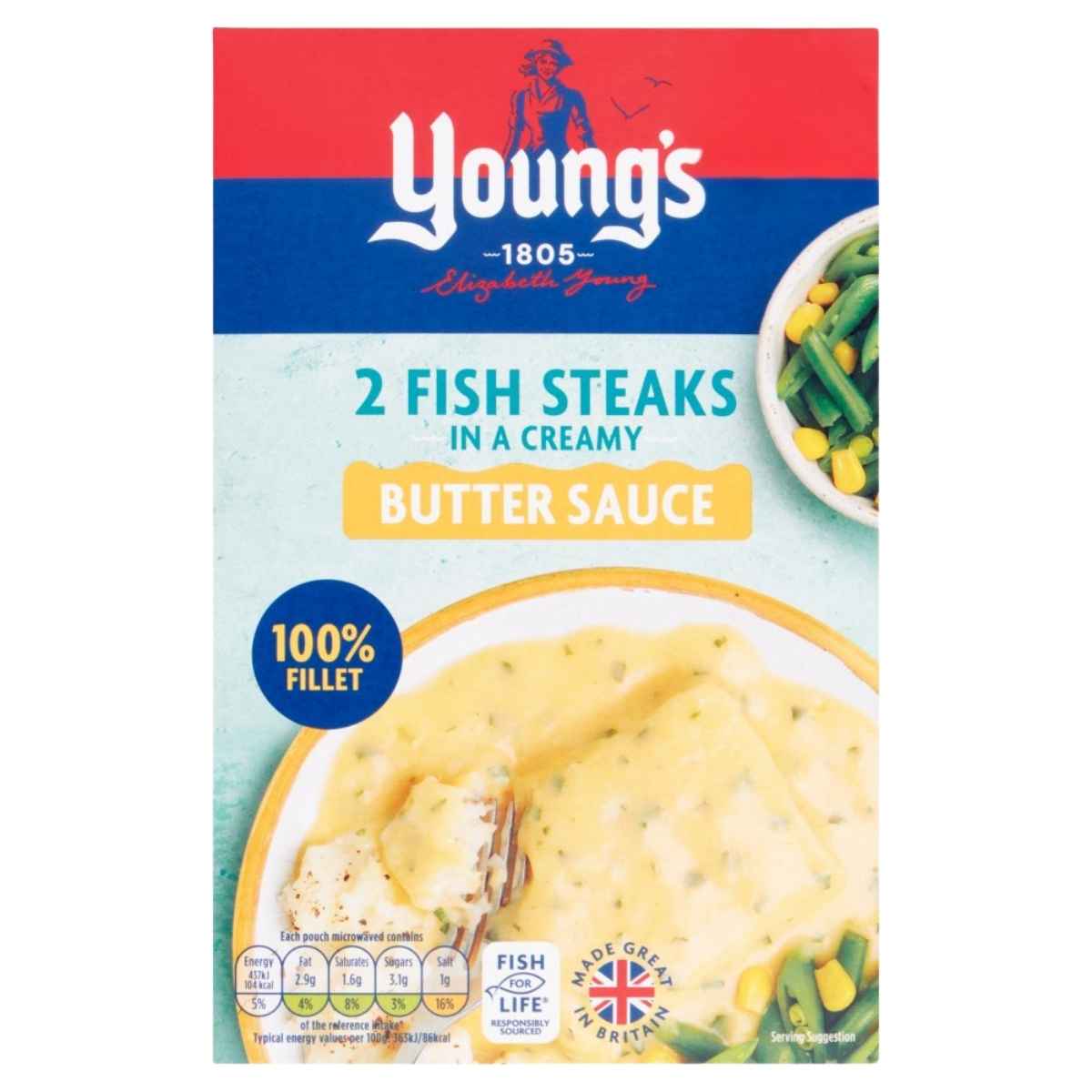Youngs - 2 Fish Steaks in Butter Sauce (280g) box, showing fish steaks topped with butter sauce and vegetables on the side.