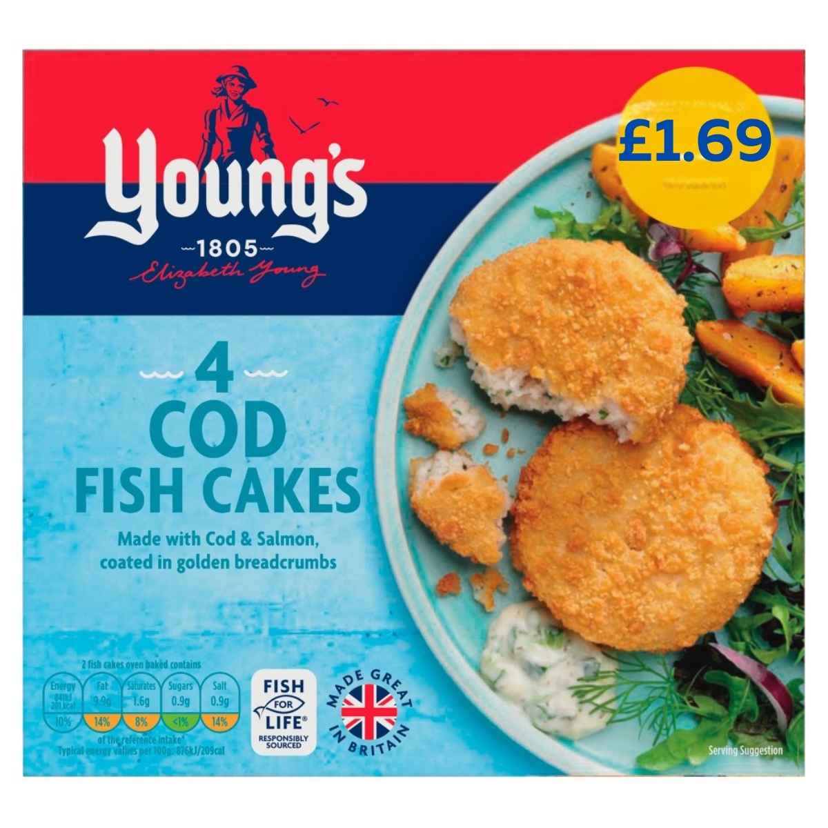 Youngs - 4 Cod Fish Cakes - 200g pack displays four breaded fish cakes served with salad and roasted potatoes; a £1.69 price tag appears in the top right corner.