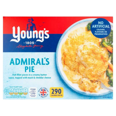 A 300g box of Young's Admiral's Pie showing the dish on a plate, made with Alaska Pollock fillet pieces in butter sauce, mash from dried potato, topped with cheddar cheese, and contains 290 calories per pie.