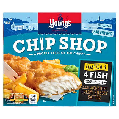 Young's Chip Shop 4 Omega 3 Fish Fillets 400g, shown with fries. The packaging highlights health benefits, air fryer suitability, and signature crispy bubbly batter for a classic fish and chips experience.