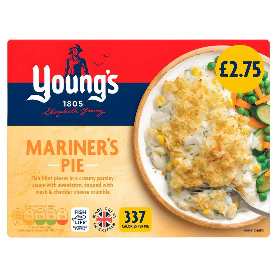 A box of Young's Mariner's Pie (300g) displays a fish fillet pie with vegetables on a plate, priced at £2.75, highlighting 337 calories per pie and its creamy parsley sauce on the packaging.