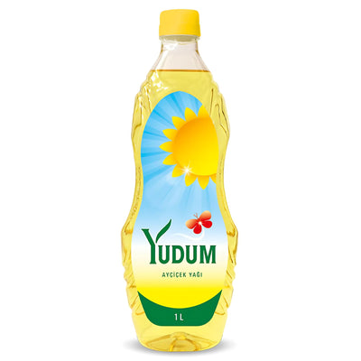 A 1L bottle of Yudum Sunflower Oil with a yellow cap and a label showing a sun, butterfly, and the brand name in green text.