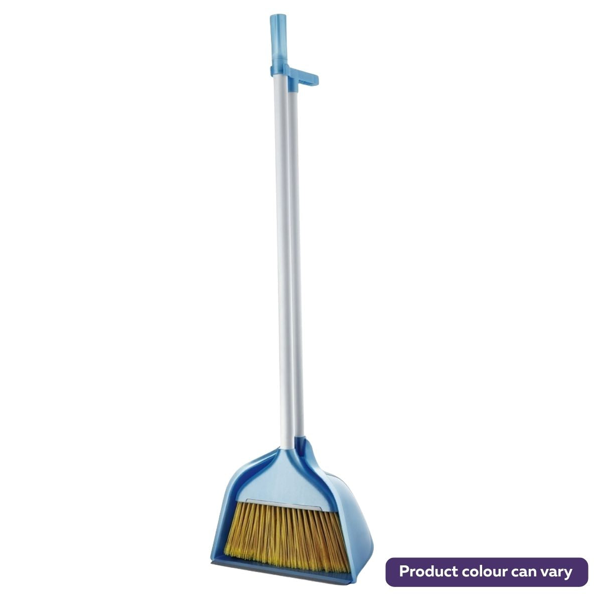The Zambak - Dustpan with Broom Set (Big Size) features yellow bristles, a blue dustpan, and a silver handle. The product color may vary. Branded by Zambak and designed for efficient floor cleaning.
