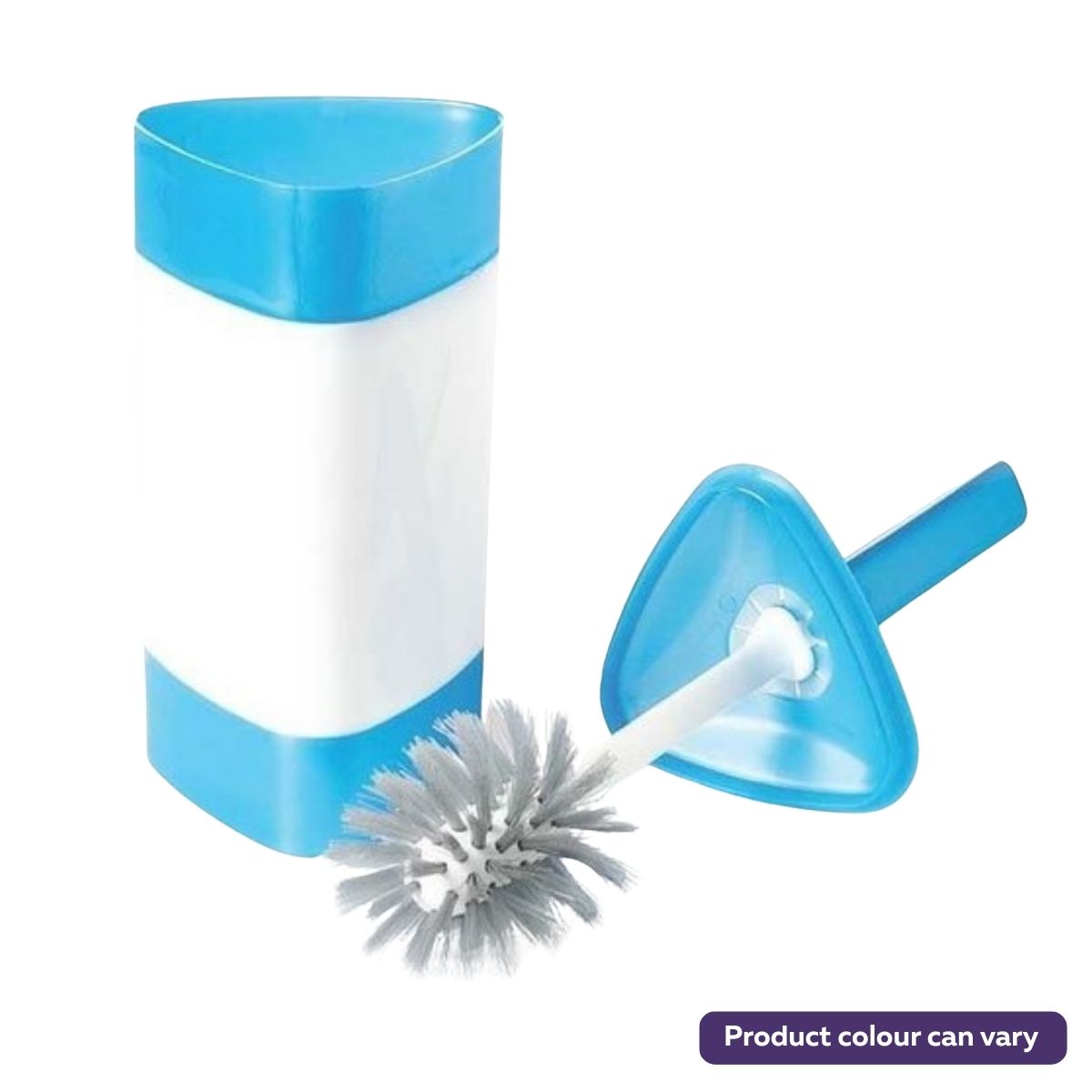 The Zambak Elegant Toilet Brush Set includes a blue-handled brush with white bristles and a triangular blue-and-white holder—ideal for bathroom cleaning. Brand: Zambak.