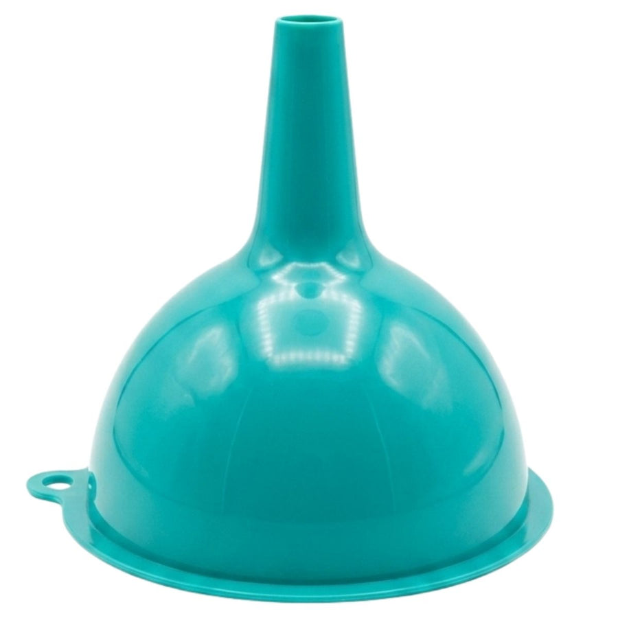 The Zambak Funnel (No: 2) is a teal plastic funnel with a wide base and narrow spout, ideal for transferring liquids or powders. Brand: Zambak. Pack includes 1 piece.
