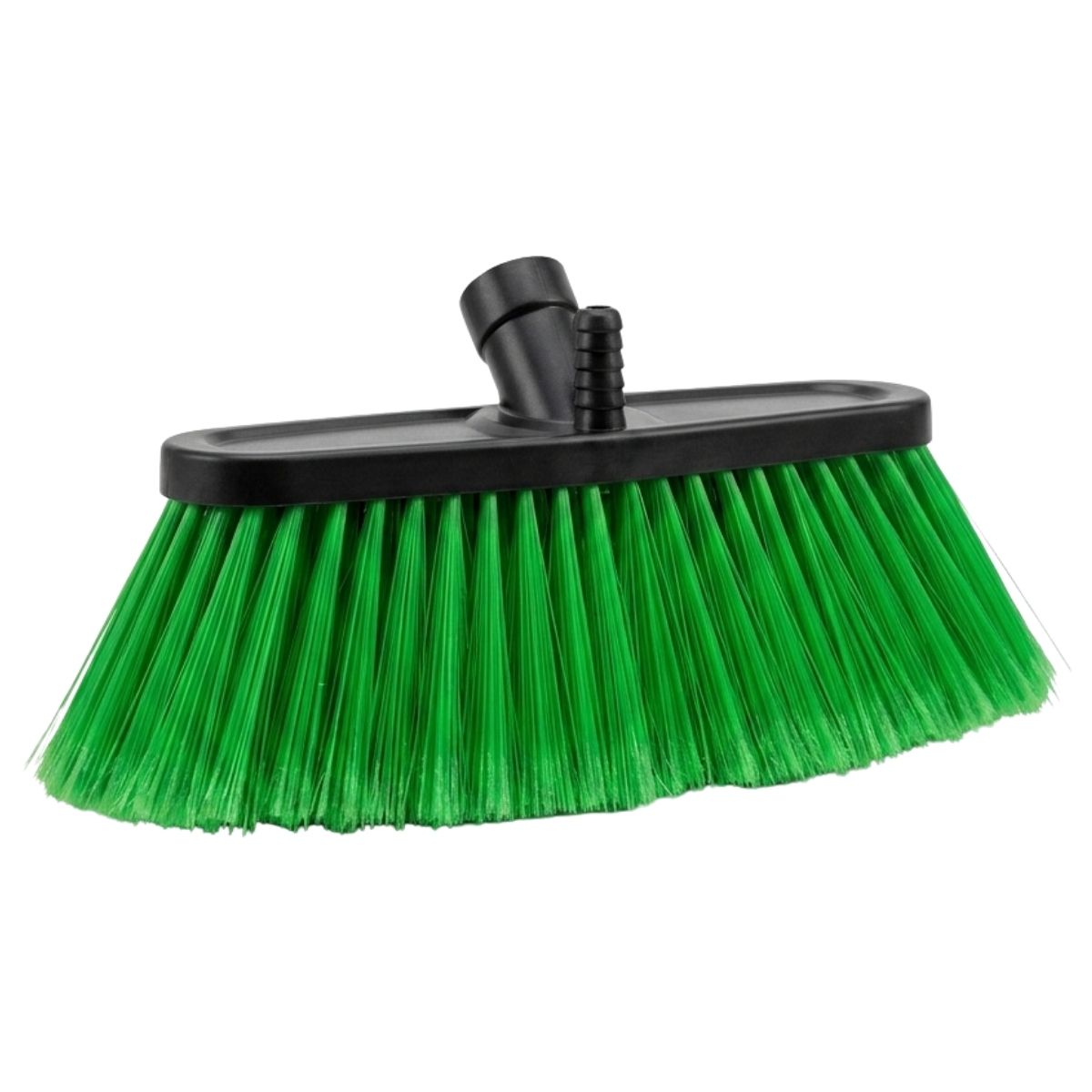 The Zambak Plastik Car Brush with Hose features a black plastic base, green bristles, and an angled connector for easy handle attachment. Brand: Zambak.