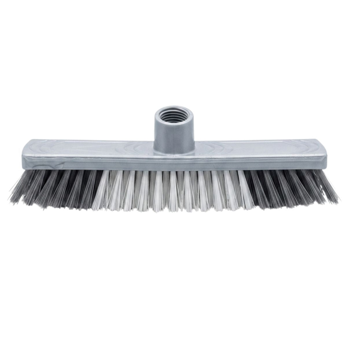 The Zambak Plastik Hard Floor Brush with Stick, by Zambak, features a gray plastic head with mixed black and white bristles and a threaded socket in front for handle attachment.