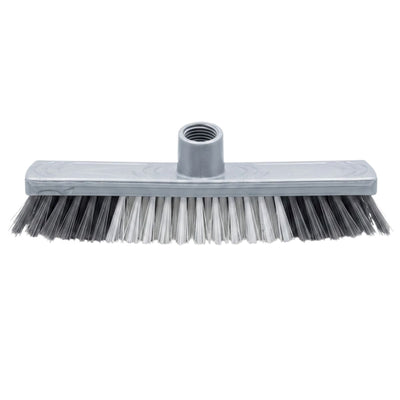 The Zambak Plastik Hard Floor Brush with Stick, by Zambak, features a gray plastic head with mixed black and white bristles and a threaded socket in front for handle attachment.