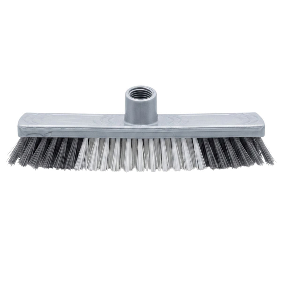 The Zambak Plastik Hard Floor Brush with Stick, by Zambak, features a gray plastic head with mixed black and white bristles and a threaded socket in front for handle attachment.