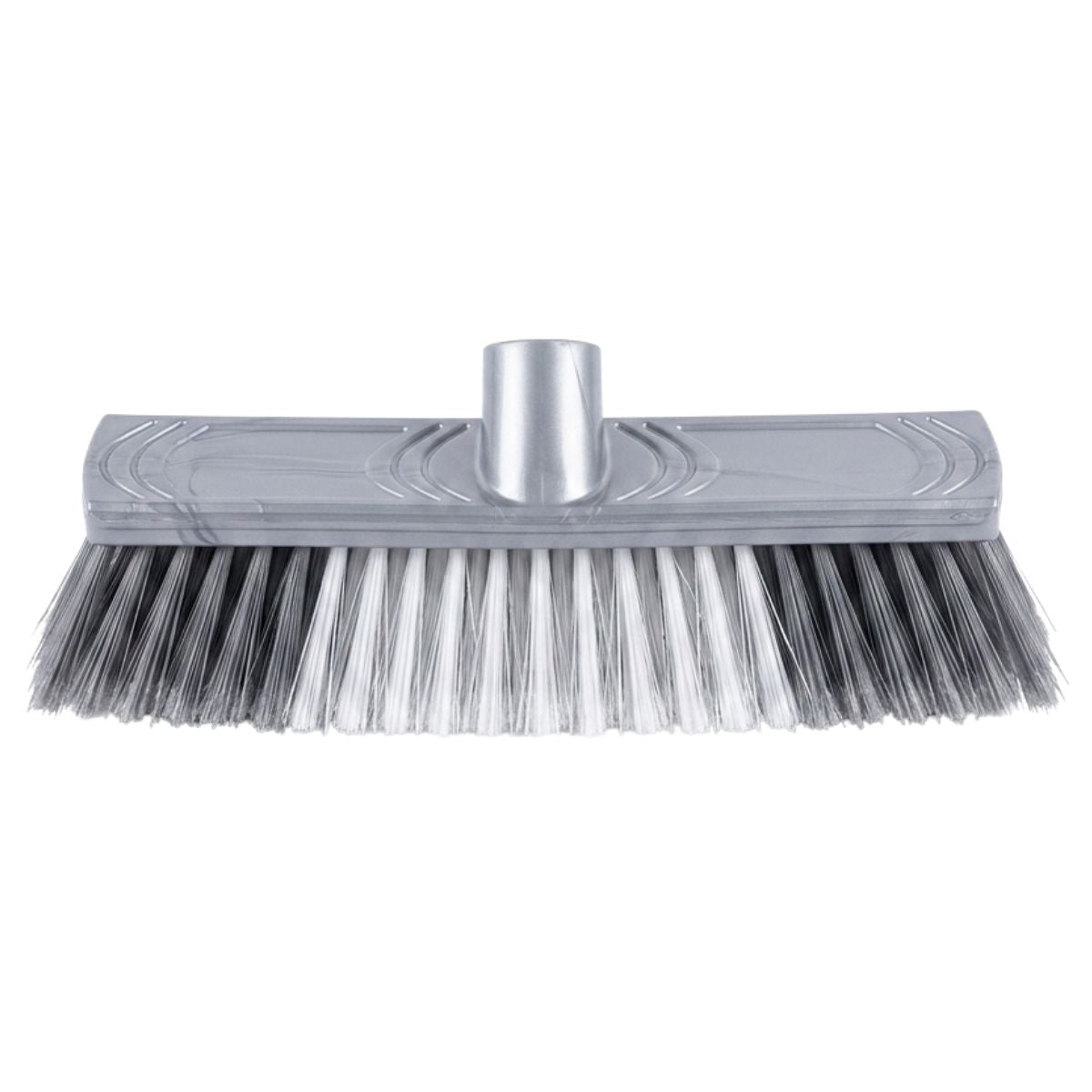 A close-up of the Zambak Plastik Soft Floor Brush with Stick (1pc) by Zambak, featuring a gray broom head with black, white, and gray bristles for handle attachment.