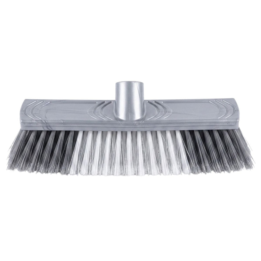 A close-up of the Zambak Plastik Soft Floor Brush with Stick (1pc) by Zambak, featuring a gray broom head with black, white, and gray bristles for handle attachment.