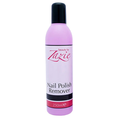 A 250ml bottle of Zazie Nail Polish Remover from the brand Zazie, featuring a pink label and black cap.