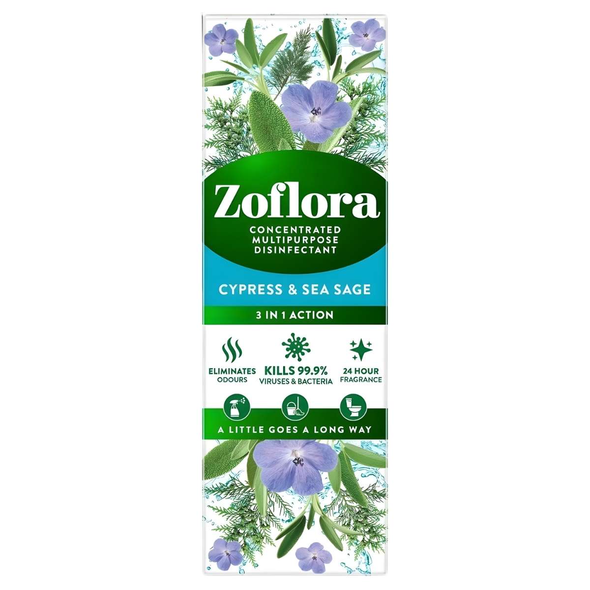 Zoflora - Cypress & Sea Sage Concentrated Multipurpose Disinfectant (120ml) kills 99.9% of germs, eliminates odors, and provides 24-hour fragrance for hard surfaces. Box shows floral and herb images.