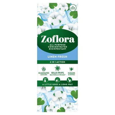 A 120ml bottle of Zoflora - Linen Fresh Concentrated Allpurpose Disinfectant, featuring graphics of cotton flowers and green leaves suitable for hard surfaces.