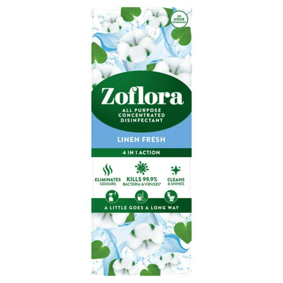 A 120ml bottle of Zoflora - Linen Fresh Concentrated Allpurpose Disinfectant, featuring graphics of cotton flowers and green leaves suitable for hard surfaces.