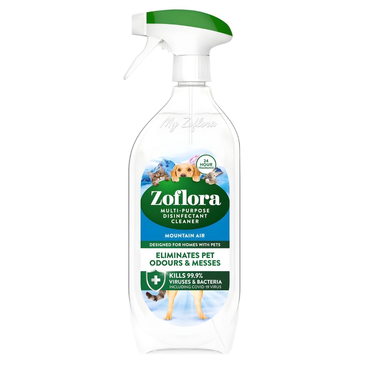 Zoflora - Mountain Air Multipurpose Disinfectant Cleaner (800ml) by Zoflora kills 99.9% of viruses and bacteria, eliminates pet odours, is pet safe, and leaves a fresh fragrance for 24 hours—ideal for pet-friendly homes.