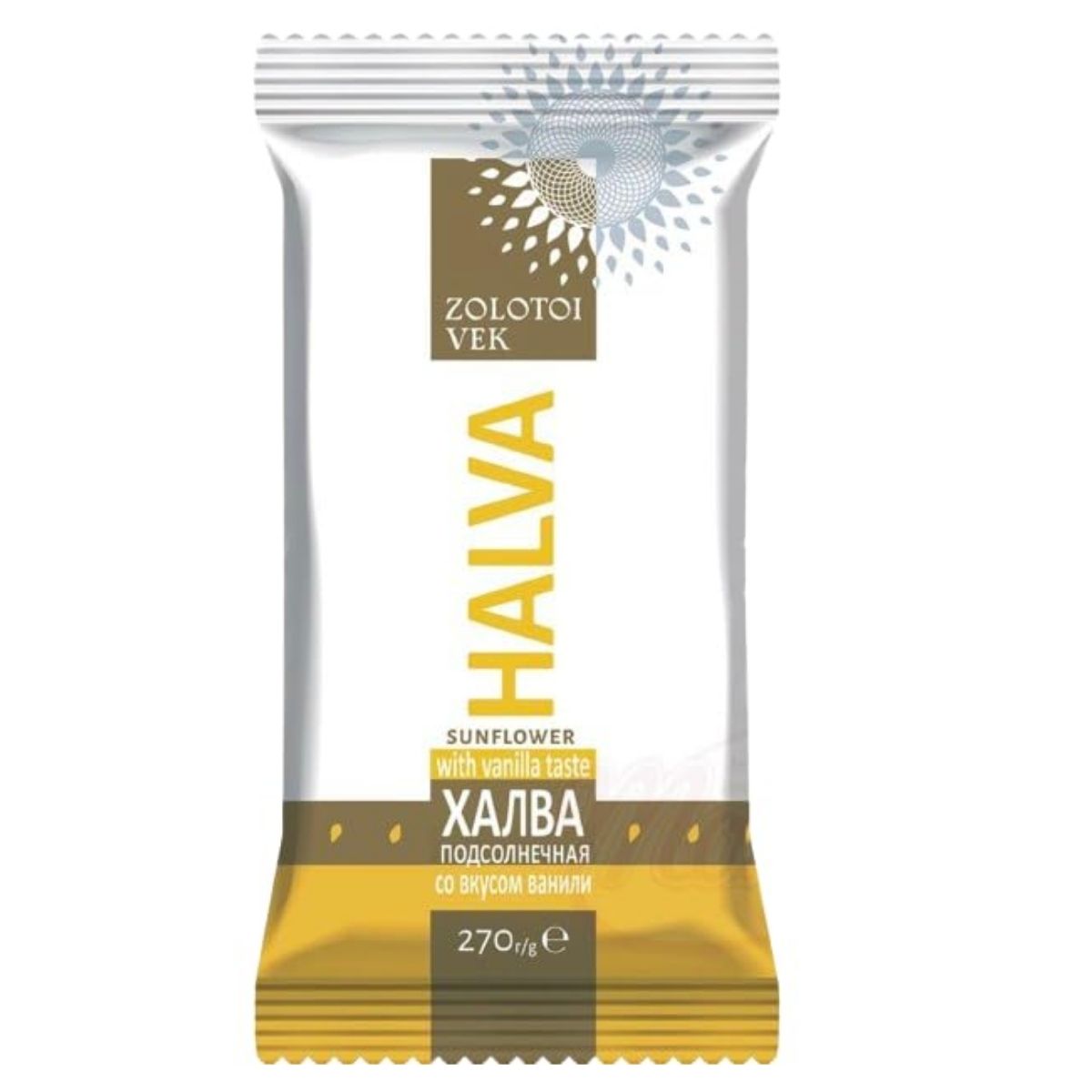 Packaged halva with Zolotoi Vek branding on a white background