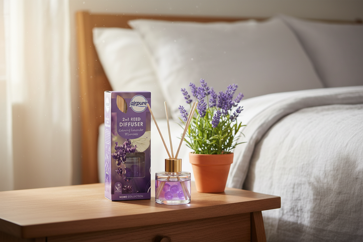 A 2-in-1 reed diffuser set from Sipari's, featuring a purple and gold box, a glass bottle with reeds, and a small potted lavender plant, styled on a wooden bedside table next to a bed.