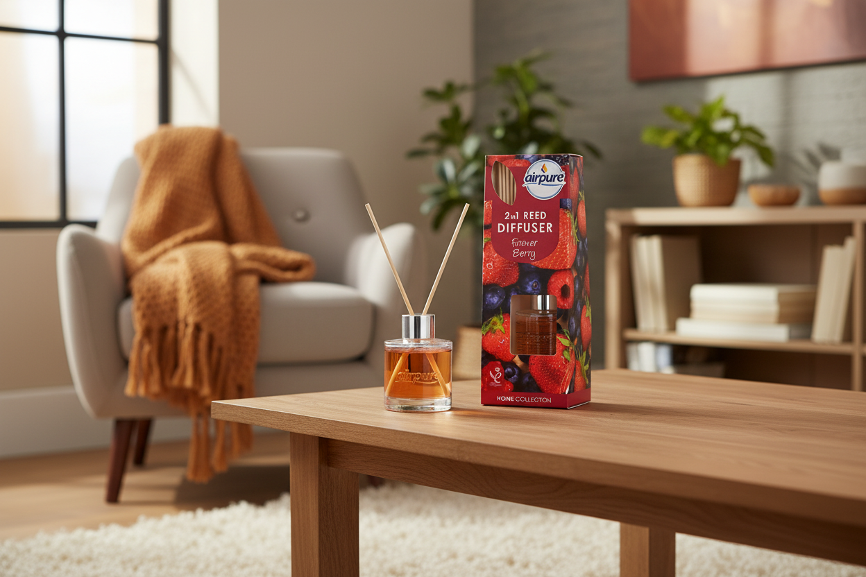 An Airpure Forever Berry 2 in 1 Reed Diffuser (30ml) and its branded box are displayed on a wooden table in a cozy living room setting with a comfortable chair, soft blanket, and lush plants in the background, enhancing the space with a welcoming burst of home fragrance.