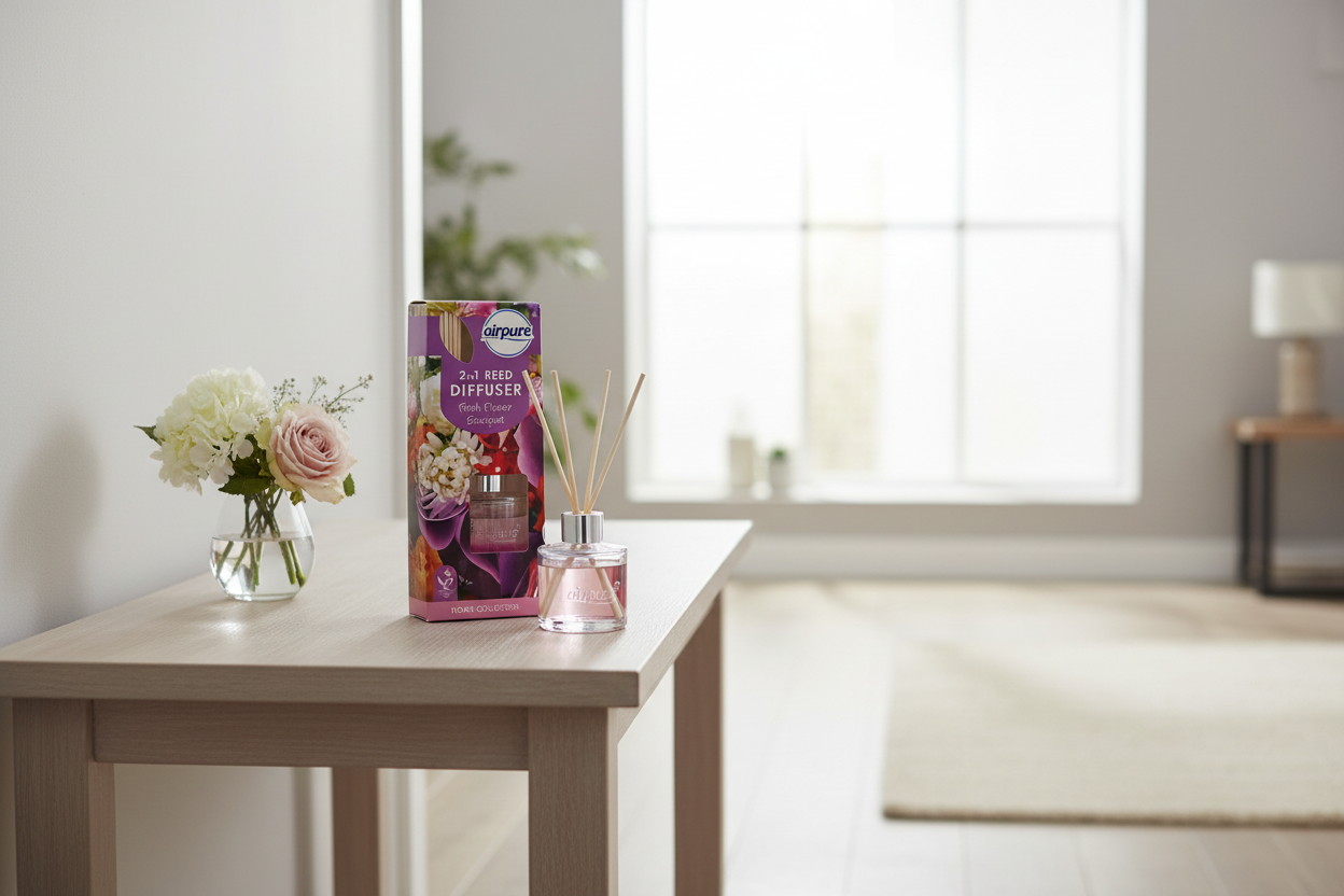 An Airpure - Fresh Flower Bouquet 2 in 1 Reed Diffuser (30ml) from Airpure, featuring elegant packaging, sits alongside a small vase of flowers on a light wood table in a bright, minimalist room with a large window in the background, infusing the serene setting with a touch of home fragrance.